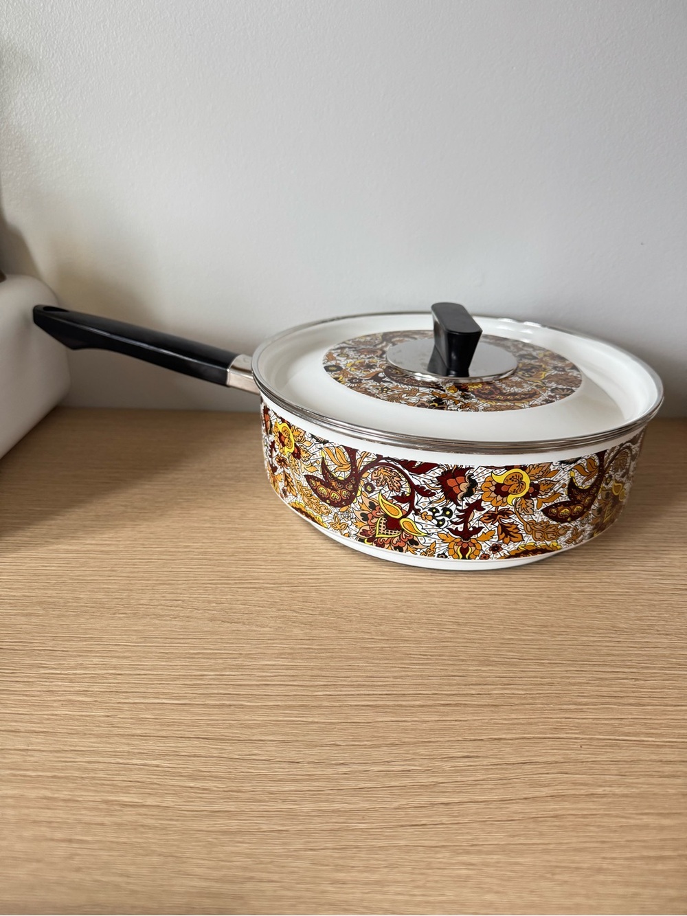 Decorative 70’s White Saucepan with Floral Pattern and Black Handle